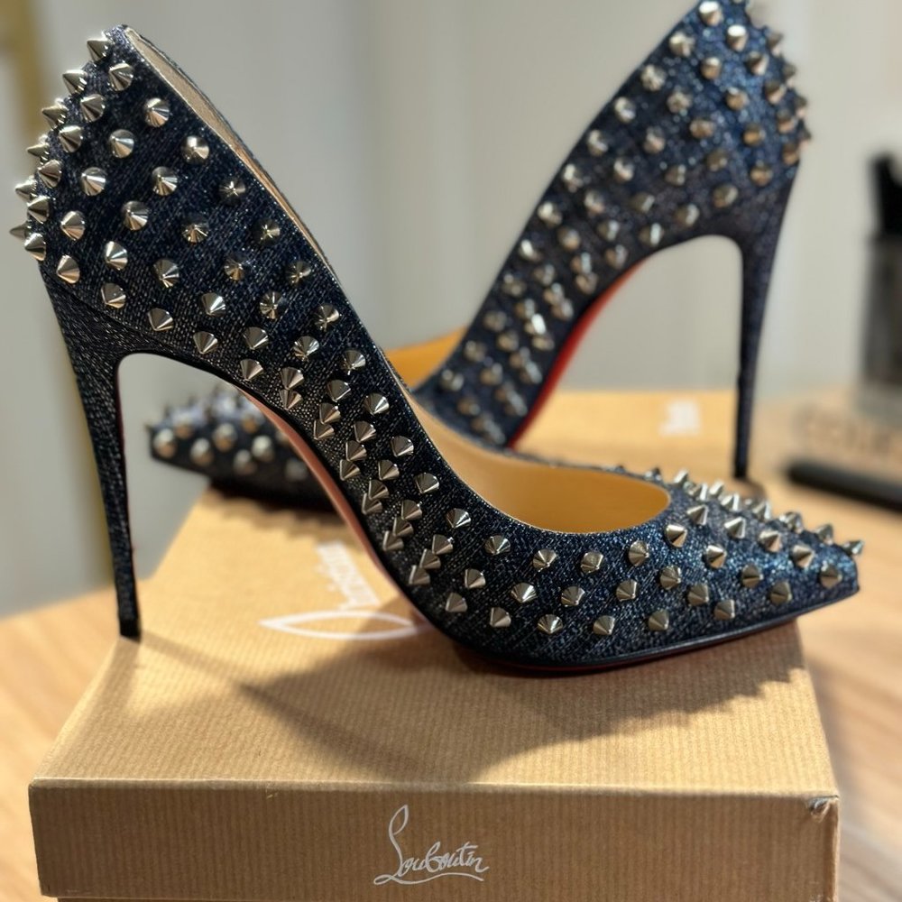 Christian Louboutin Follies Spikes 100 Denim / Silver - Picture 3 of 5